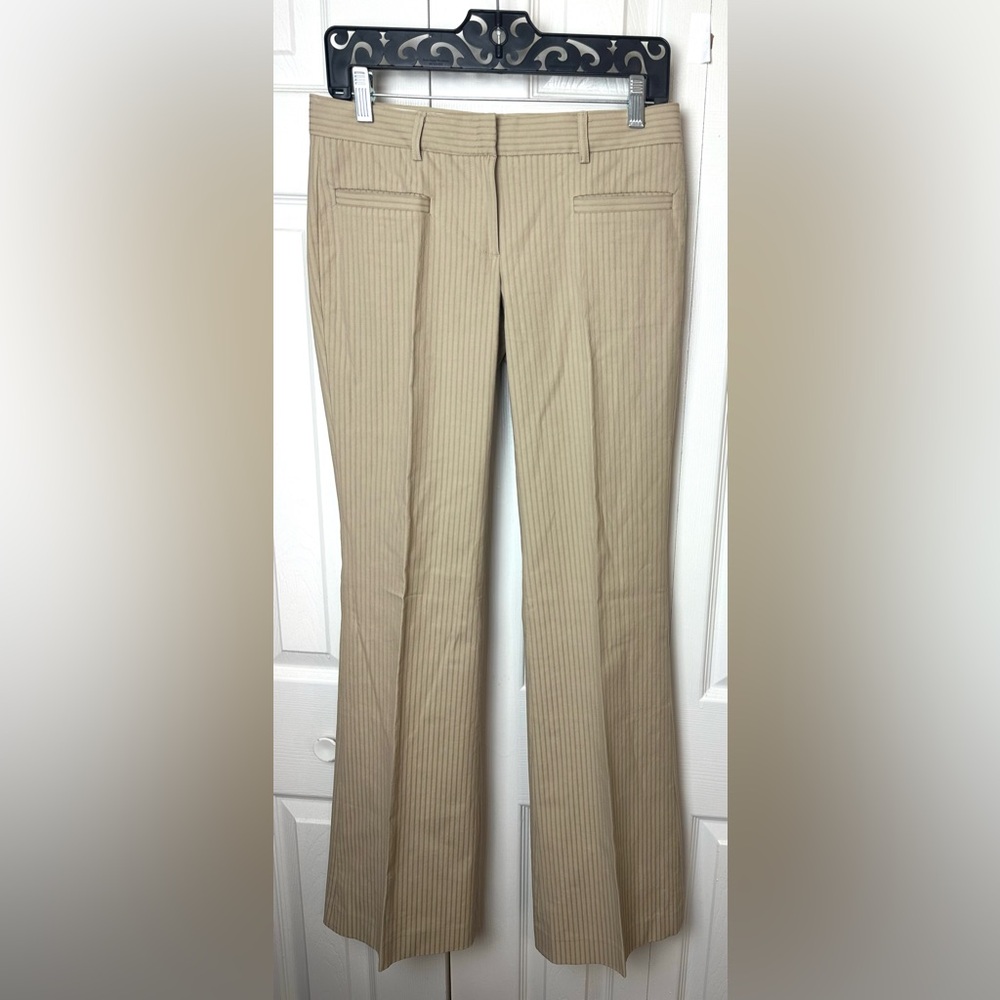 THEORY Spencer Dress Pants Trousers Odyssey Fabric Tan Khaki Beige Striped Flare